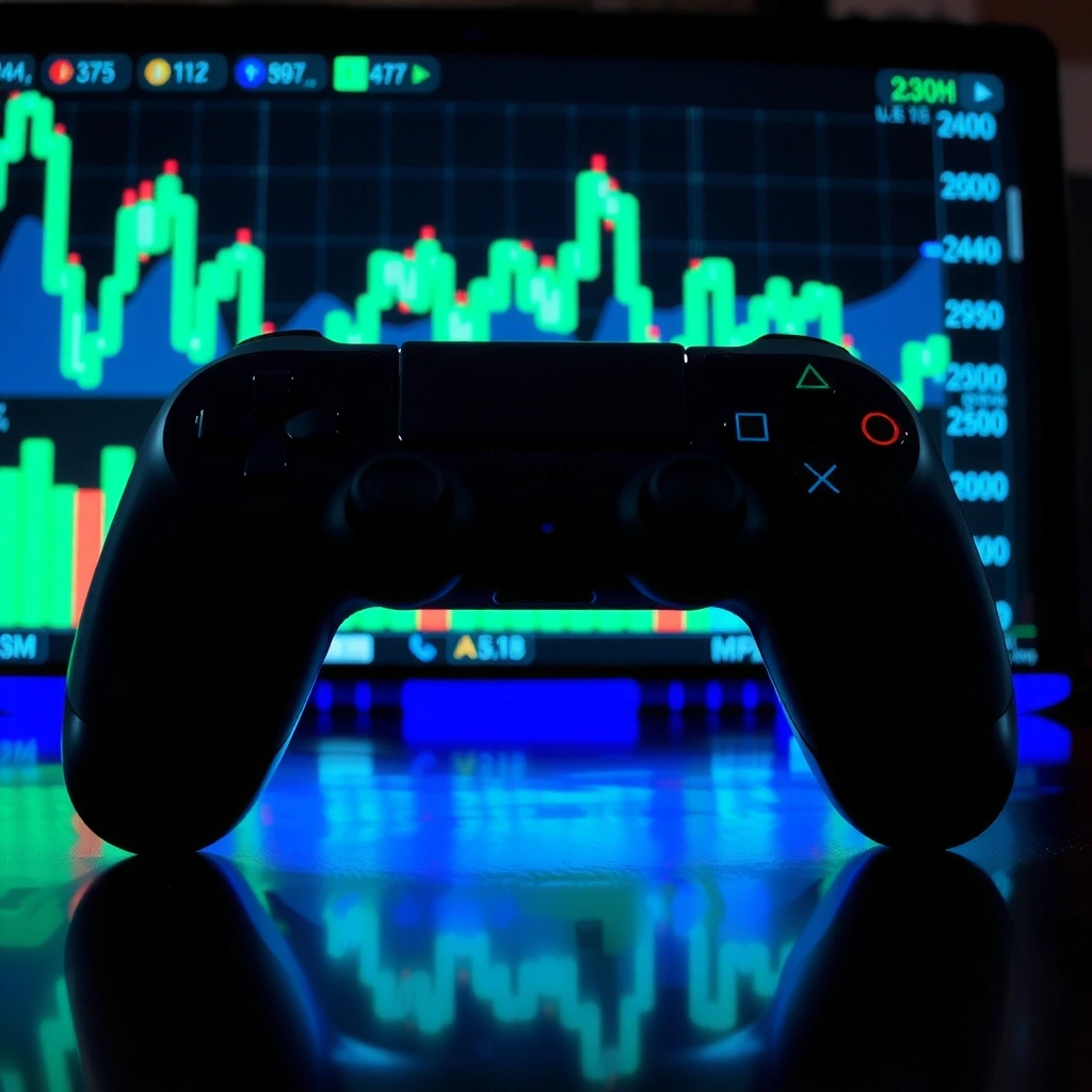 Mando de gaming con indicadores financieros