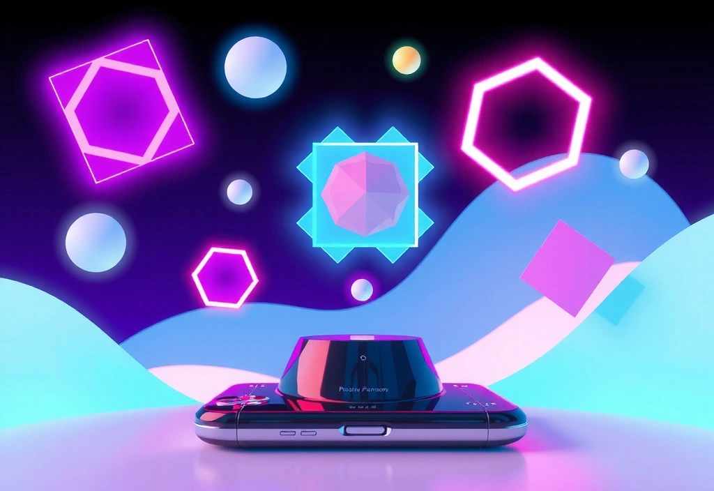 Vista previa de videojuego con elementos 3D abstractos y colores vibrantes